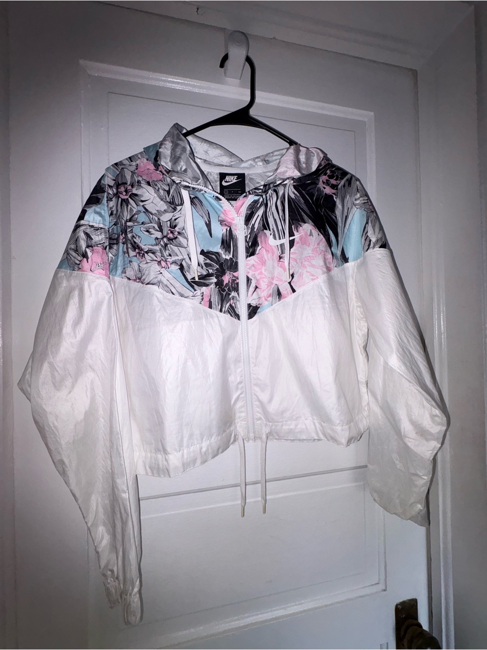 Nike White Windbreaker Jacket with Pastel Floral Yoke